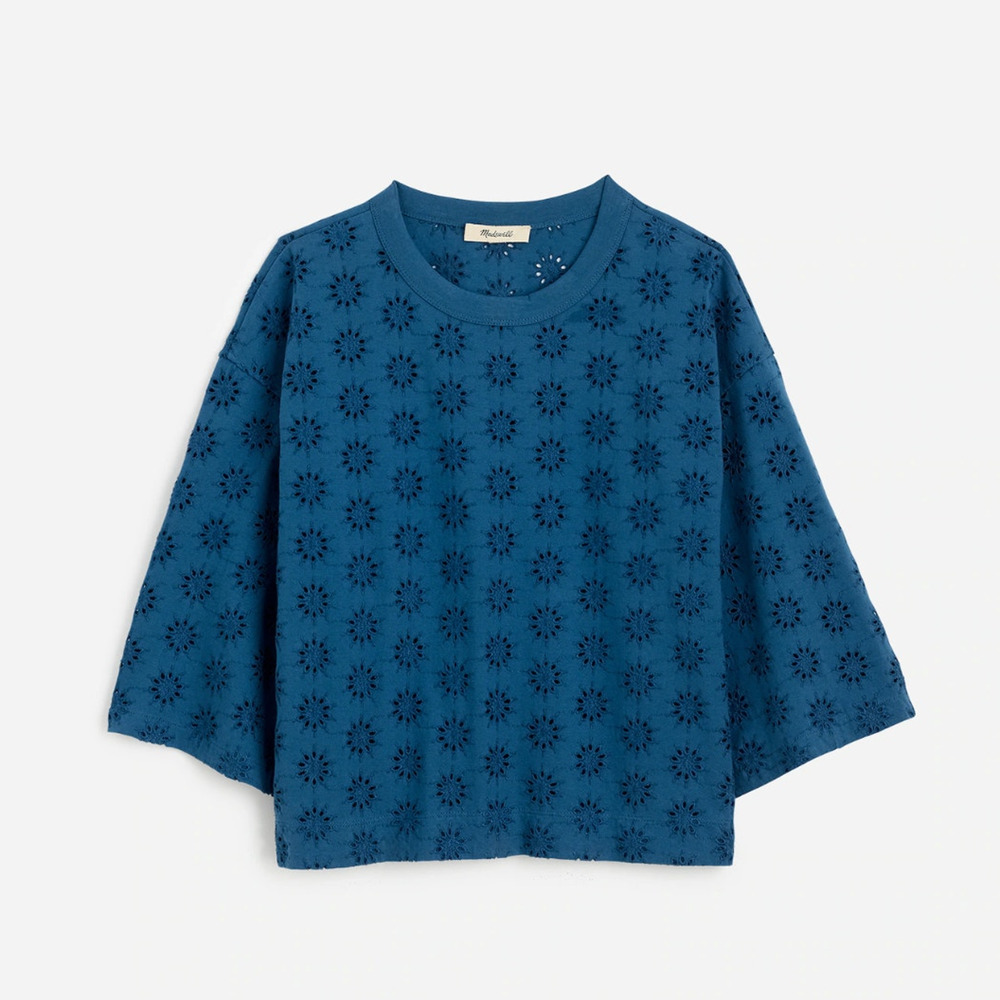Madewell Embroidered Wide Sleeve Boxy Tee Shirt Relaxed Sunfaded Blue XXS NWT